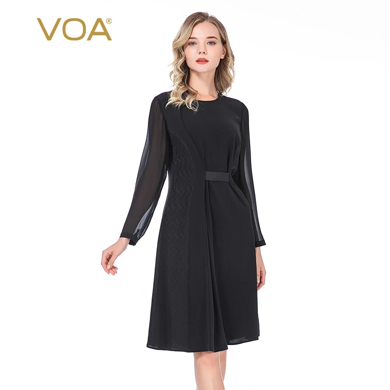 

VOA Silk Jacquard Asymmetric Stitching Tendon Waist Perspective Long Sleeve Round Neck Summer Black Dresses for Women AE231