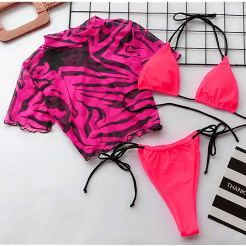 

Sexy Mesh Crop Top Leopard 3 Piece Bikini Sets Swimwear 2019 Women Thong Brazilian Swimsuits Swim Suit Beach Wear Bathing Suits