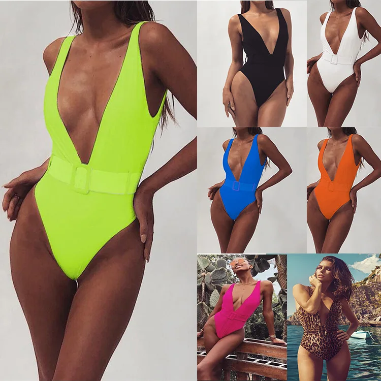 

Women's one-piece swimsuit leopard print belt buckle one-piece bikini