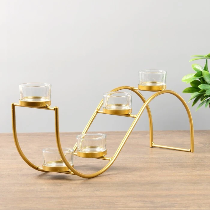 Подсвечник металл стекло на 5 свечей &quotИзгиб&quot золото 16х36х8 см|Подсвечники| |