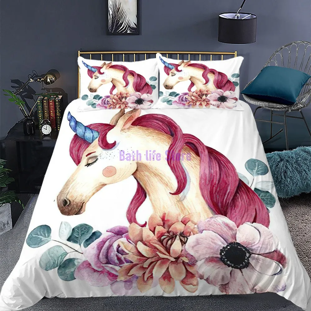 Комплект постельного белья розового цвета с мультяшным единорогом для девочек -
