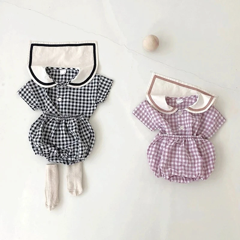 

2021 Summer Baby Clothes Plaid tees and Cotton Bloomer 2Pcs Sets Trun-down Collar Toddler Suit Korean Infant Outfits