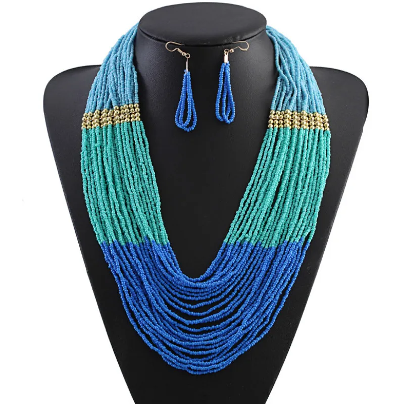 

New Ethnic Acrylic Strand Bohemian Necklace Set Multi Layer African Beads Necklaces Geometric Gold Boho Jewelry Sets for Women