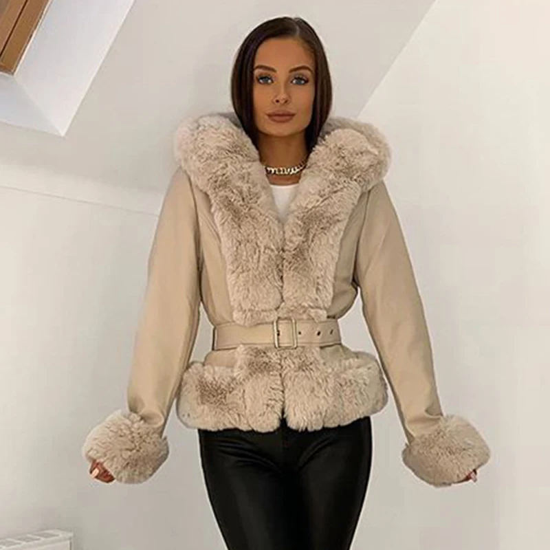 RR зимняя куртка с капюшоном для женщин модный галстук пояс из искусственная (-ый)