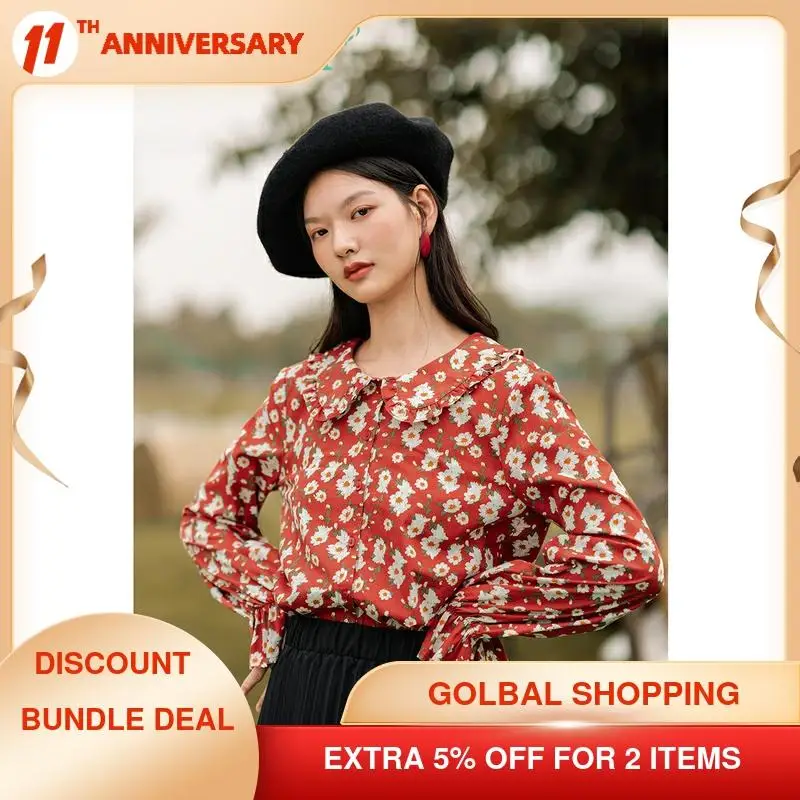 INMAN весенне-осенняя винтажная хлопковая блузка с цветочным рисунком и воротником