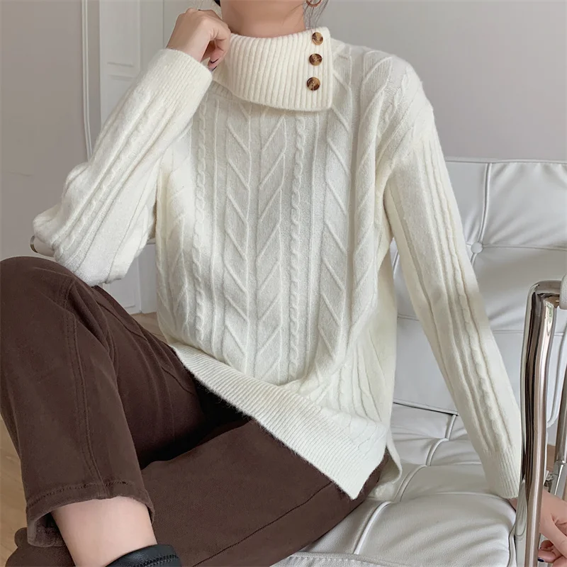 

Vintage Turn Down Sweater For Women Irregular Split Knitted Pullovers Female Fall Knitwear Winter Jumpsuits S110
