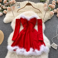 women elegant dress for new year 2022 strapless backless furry sexy short mini christmas dress navidad red party dress femme