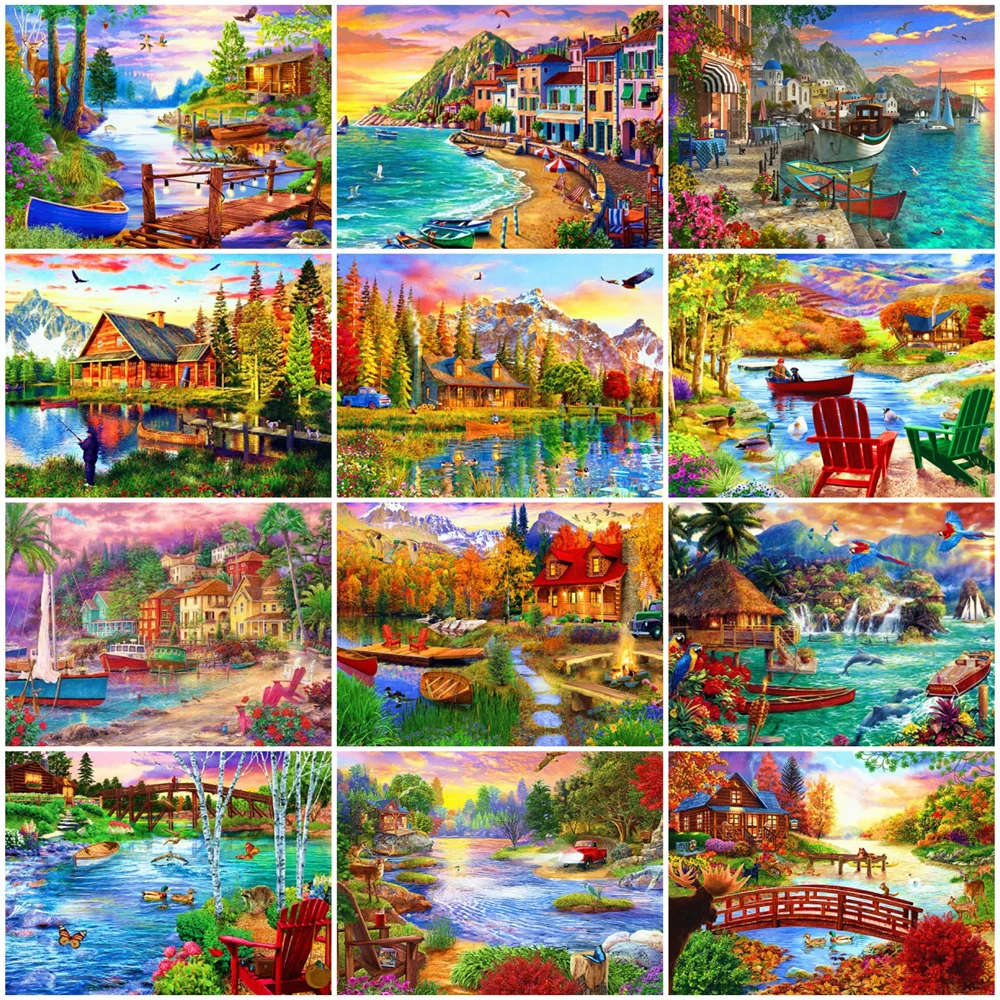 

HUACAN DIY Frame Wall Art Picture By Numbers Garden Scenery Unique Gift HandPainted Paint By Number Lake For Living Room