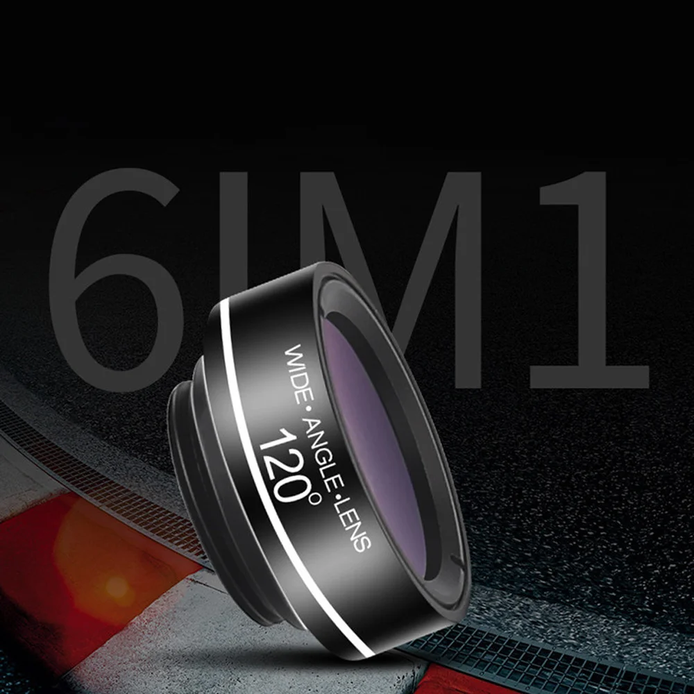 

D22-6 Black 6 In 1 Camera Lens Kit Photographer Mobile Phone Lenses Macro Wide Angle Fish Eye CPL Filter with Purse for Phone