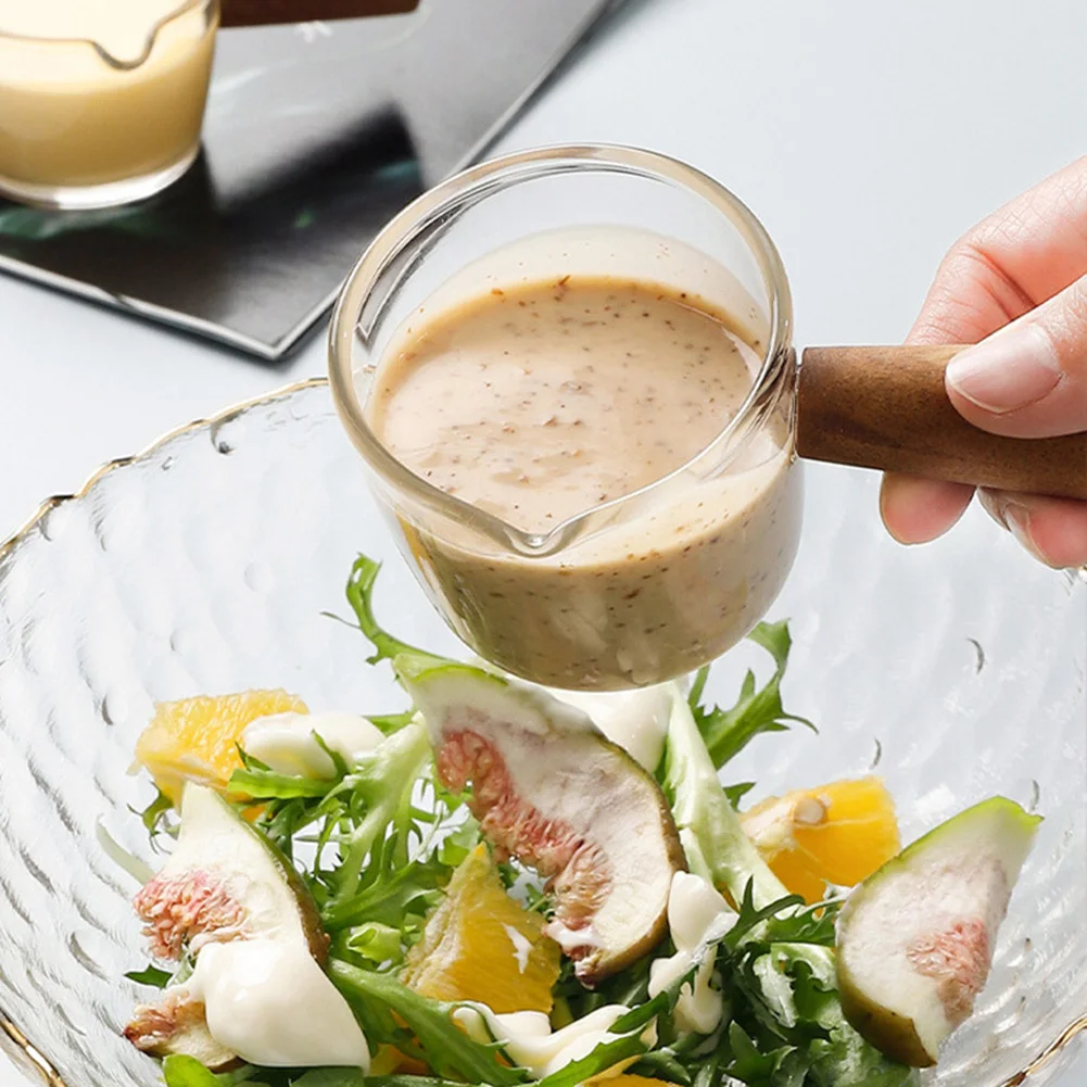 

50/100ML Mini Glass Milk Cup Creamer Jug Glass Coffee Milk Pitcher Espresso Cup Vinegar Sauce Cup Wood Handle Glass Gravy Boat