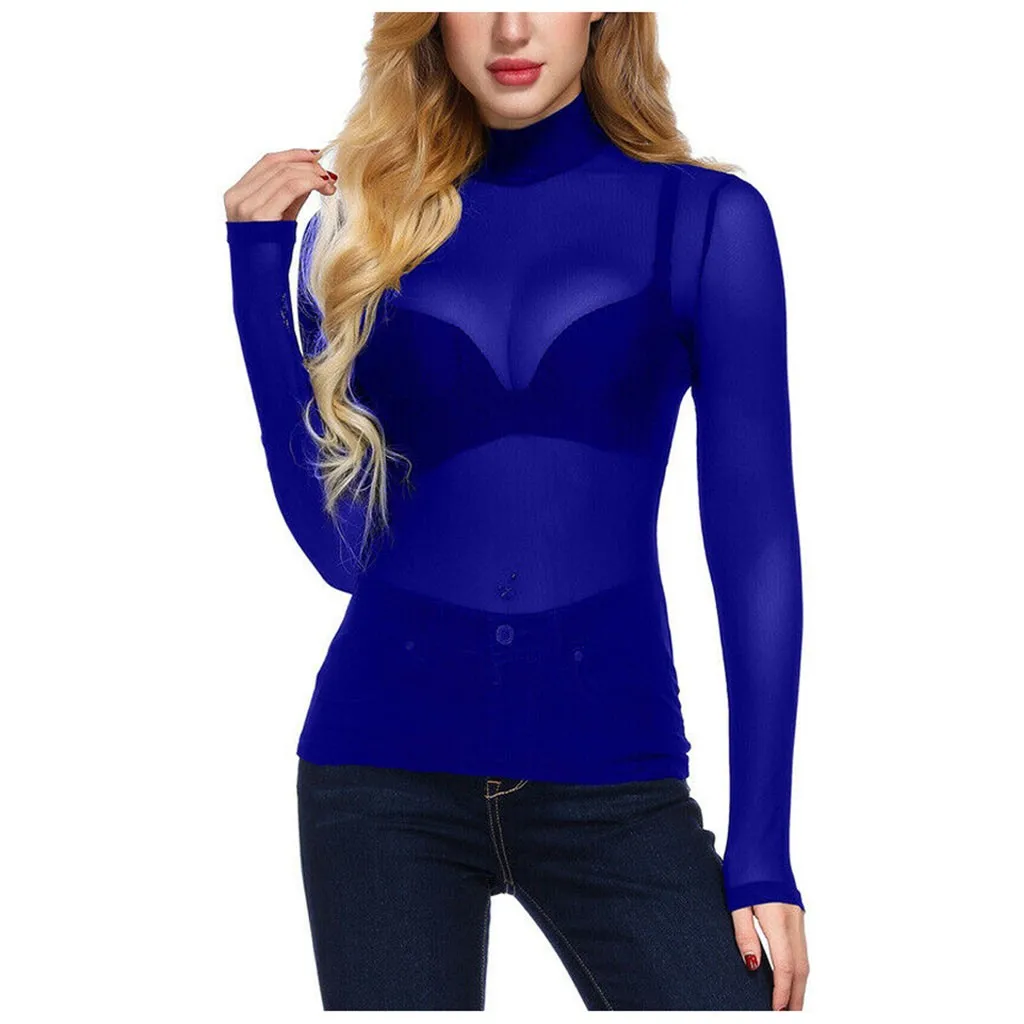 

shirt women fashion long sleeve sheer mesh blouse sexy blusa mujer turtleneck solid d91204