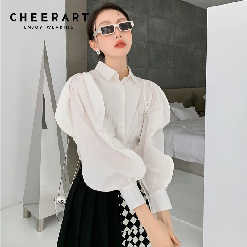 

CHEERART Lantern Sleeve High White Collared Shirt Elegant Blouse Long Sleeve Top High Fashion Button Up Shirt For Women Clothing