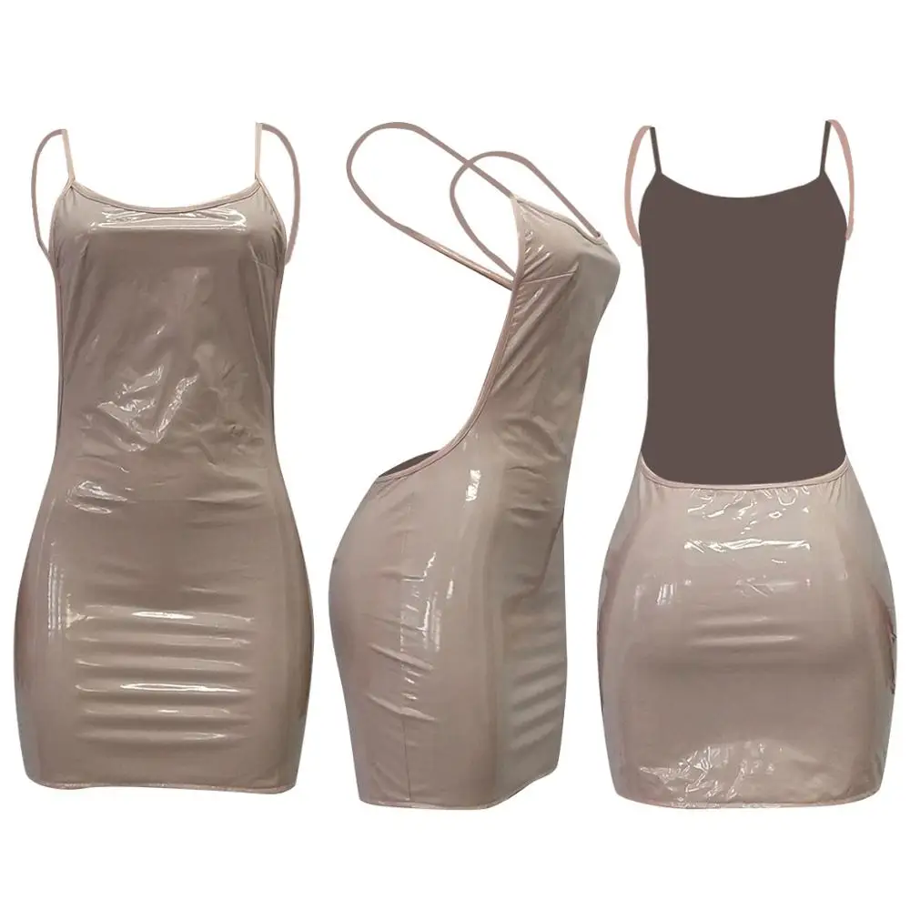 Женское облегающее мини-платье средней длины из искусственной кожи без рукавов с