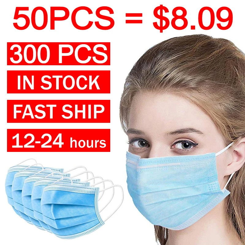 300PCS Stock Dropshipping Face Masks 3 layers Non-woven Radiation Protection Disposable Elastic Mouth Soft Breathable Mask |