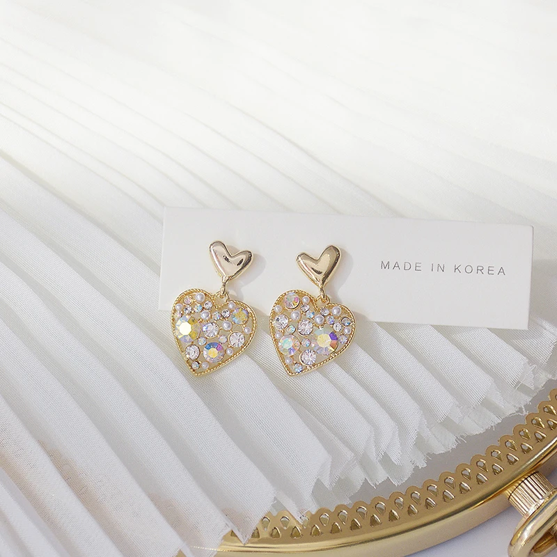 

Luxury 14K Real Gold Heart Full of Diamonds Earrings for Women Jewelry Brilliant Zirconia S925 Silver Needle Stud Wedding Party