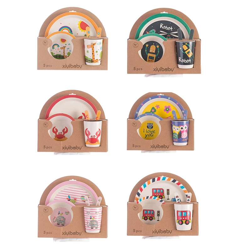 Детская посуда комплект из пяти предметов бамбуковая тарелка мультяшный Набор