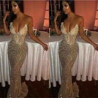 2022 sexy bling sweetheart mermaid sleeveless sequins shiny light champagne prom dresses long sweep train deep v neck evening go