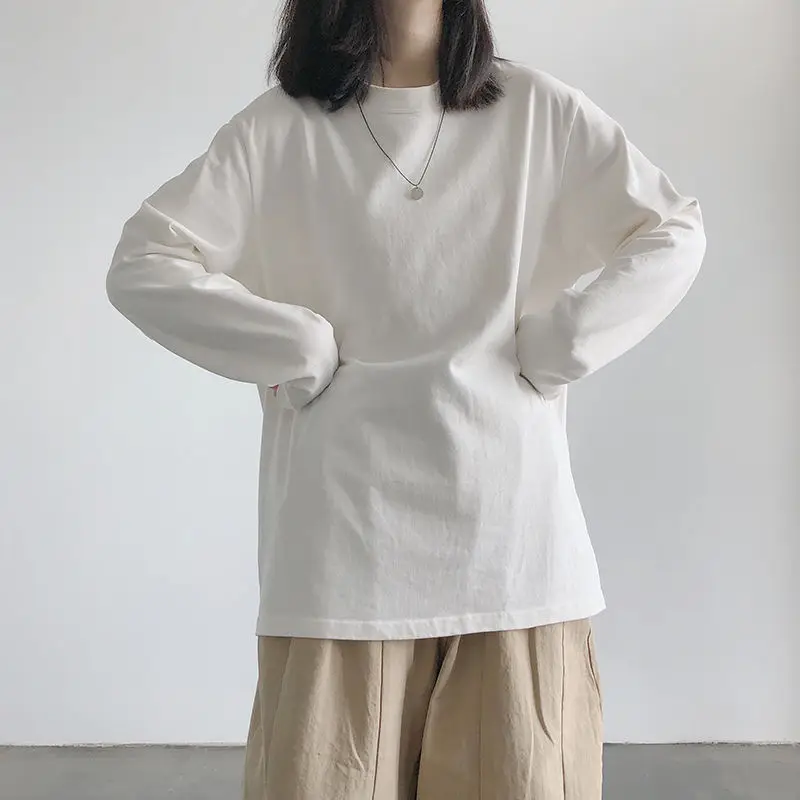 

Cotton Long Sleeve T-shirt Female Autumn 2021 New Student Korean Loose Solid Color Bottomed Shirt Top