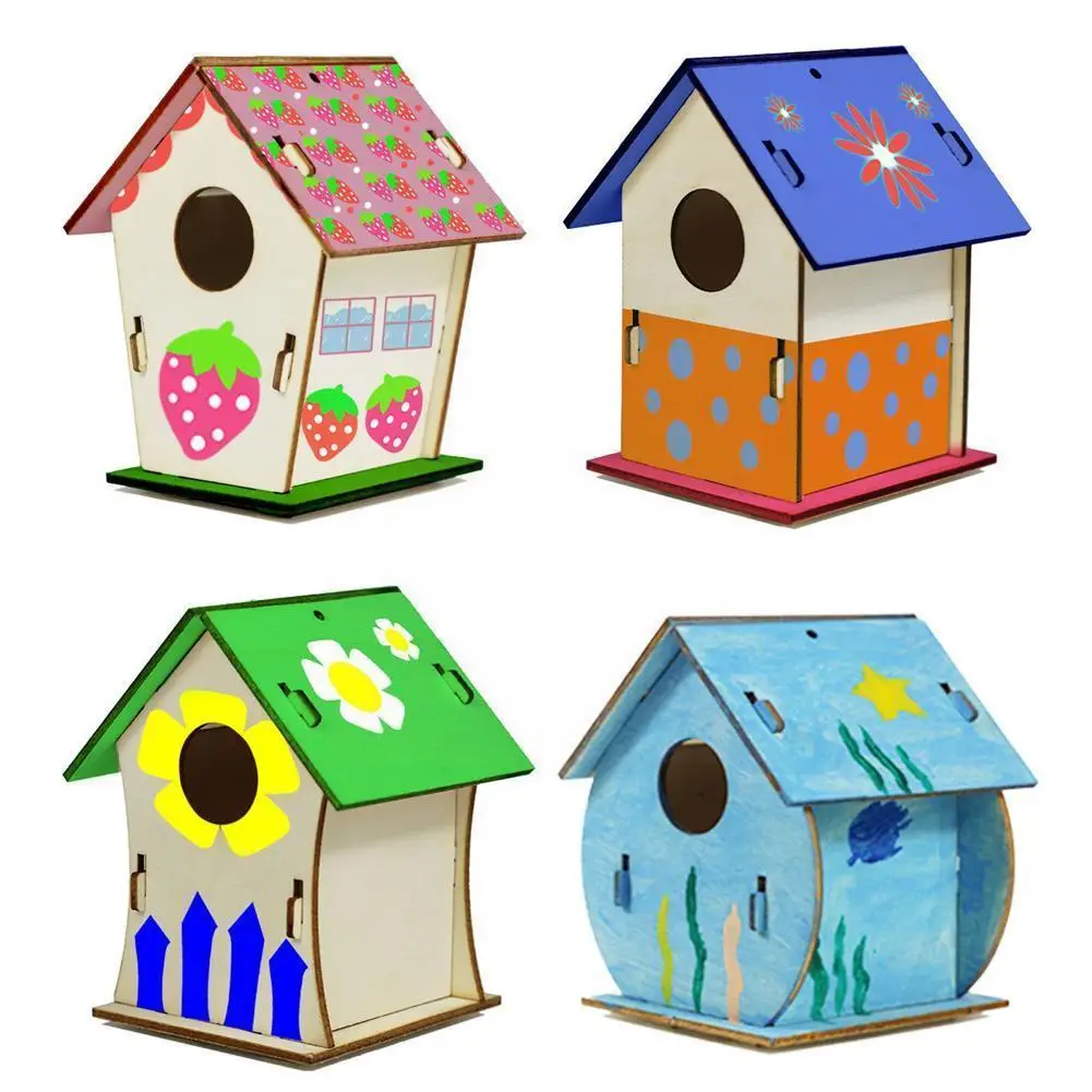 

1PCS Blank Wooden Insert Puzzle Bird House DIY Toy Model Fun Game Painting Graffiti Material Art Crafts Toy For Children R3J9
