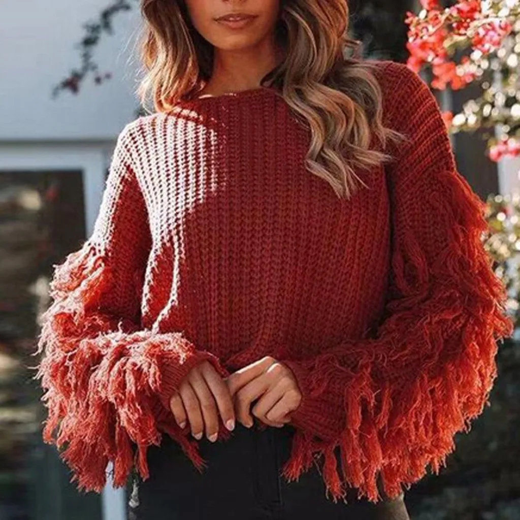 Women Casual Knit Sweater Autumn Solid Pullovers Tops O-Neck Tassel Long Sleeve Loose Sweaters Blouse Женский свитер | Женская