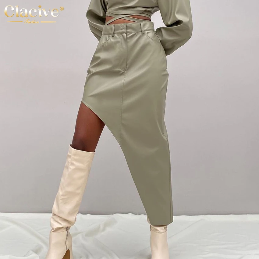 

Clacive Fashion Pu Leather Women'S Skirt 2021 Casual Irregular High-Waisted Skirt Ladies Vintage Slim Pocket Long Skirts