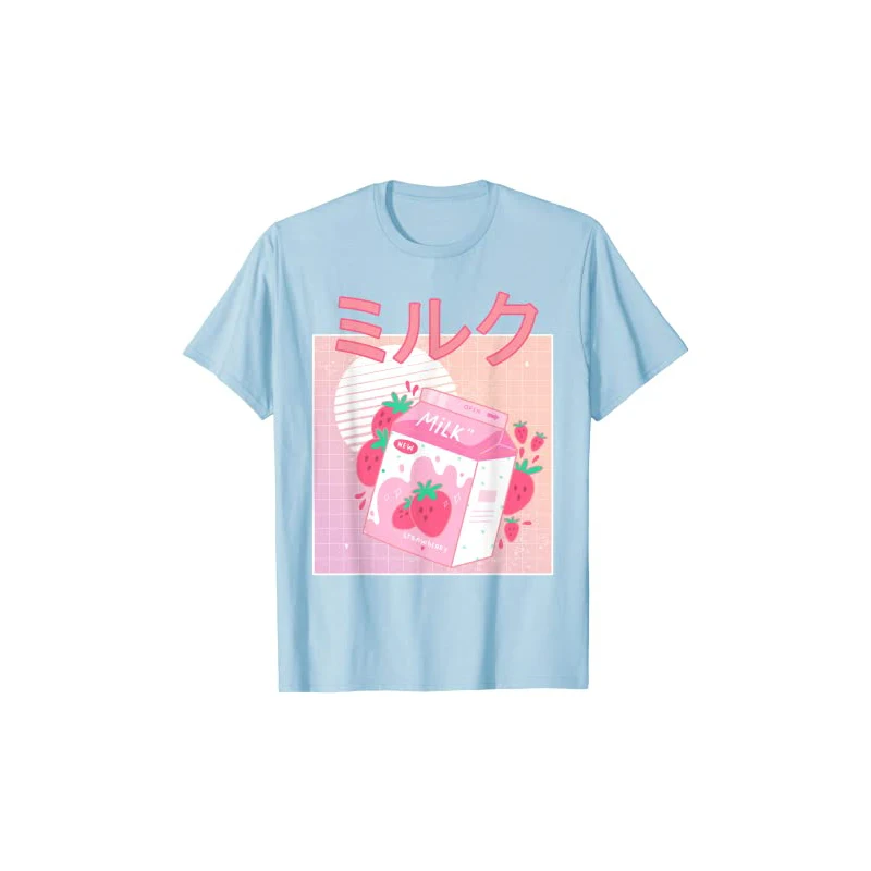 

Fun Retro 90s Japan Cute Strawberry Milk Shake Carton T-shirt Women's Short-Sleeved Cotton Tops Harajuku Graphic Oversized Tee