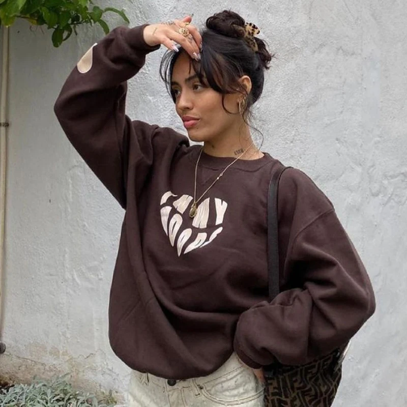 Harajuku street letter Hoodies y2k Retro long sleeve oversized pullovers heart cute print casual winter tops women sweetshirts