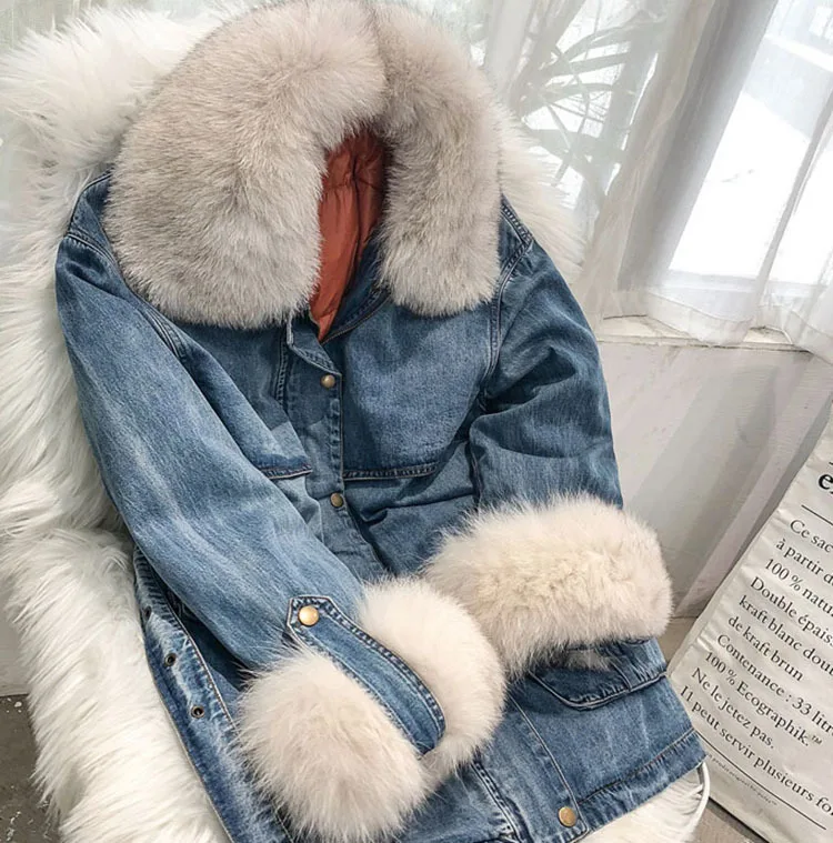 Новые зимние плотные теплые джинсовые куртки с воротником из натурального Лисьего меха, женские зимние плотные джинсы, Женская куртка NZY46