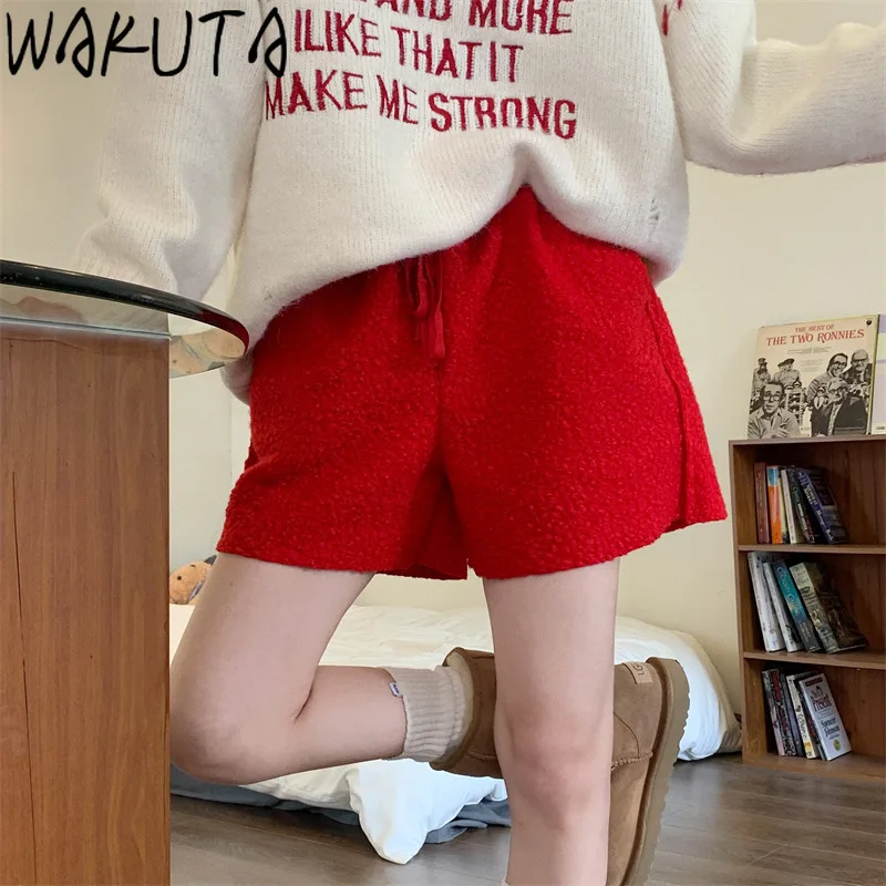 WAKUTA Women 2021 Fashion Fleece Thick Shorts Autumn Winter Korean Style New Elegant High Waist Solid Female Short Pants Mujer | Женская