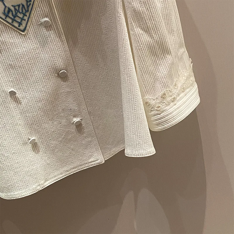 

2021 Summer New Ruffled Embroidery Lace Doll Collar Top Short Sleeve Cartoon Pattern Loose Shirt Female College Style Blouses