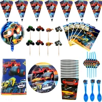 89pcs blaze monster machines theme balloons decorate cake toppers flags cups plates banner birthday party gifts bags tablecloth