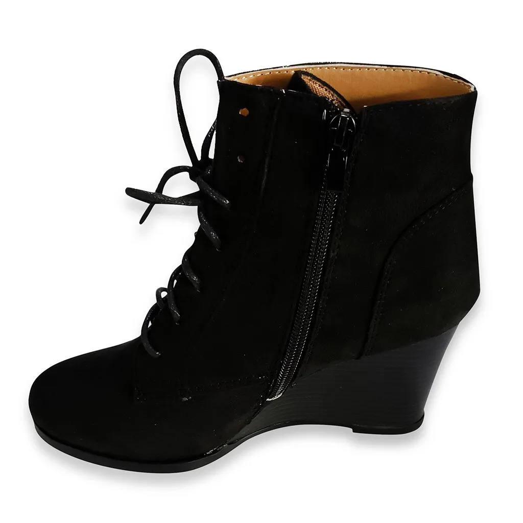 Женские ботинки однотонные на танкетке со шнуровкой молнии для девочек