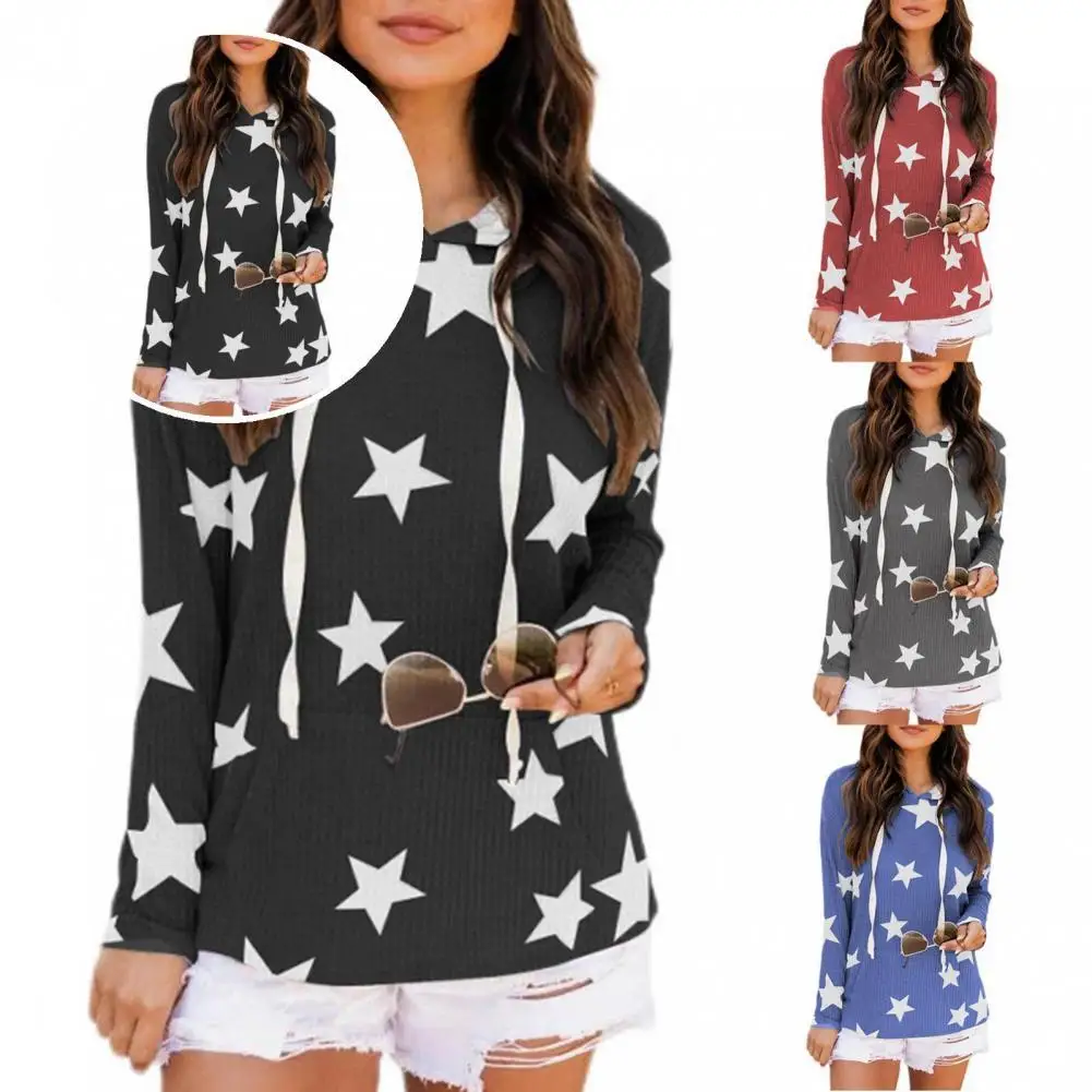 

Sporty Casual Five-Pointed Star Print Hooded Sweatshirt Top Pullover Long Sleeve Sportswear