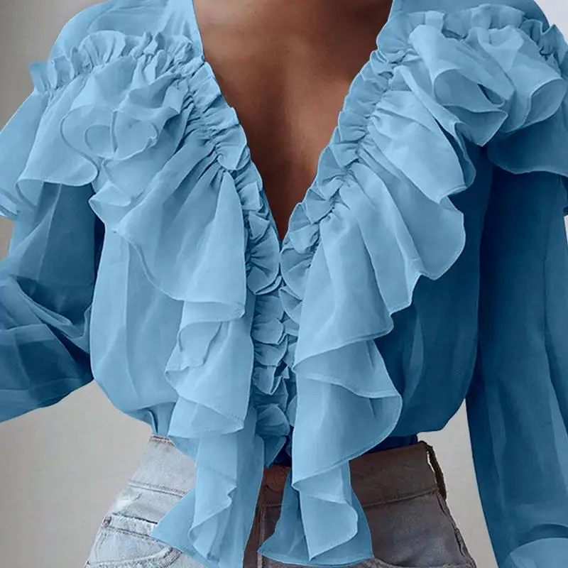 

2021 Plus Size Solid Ruffles Blouse Women Long Sleeve Tunic Tops Casual Loose Shirt Ladies Elegant Sexy Deep V-Neck Blusas Mujer