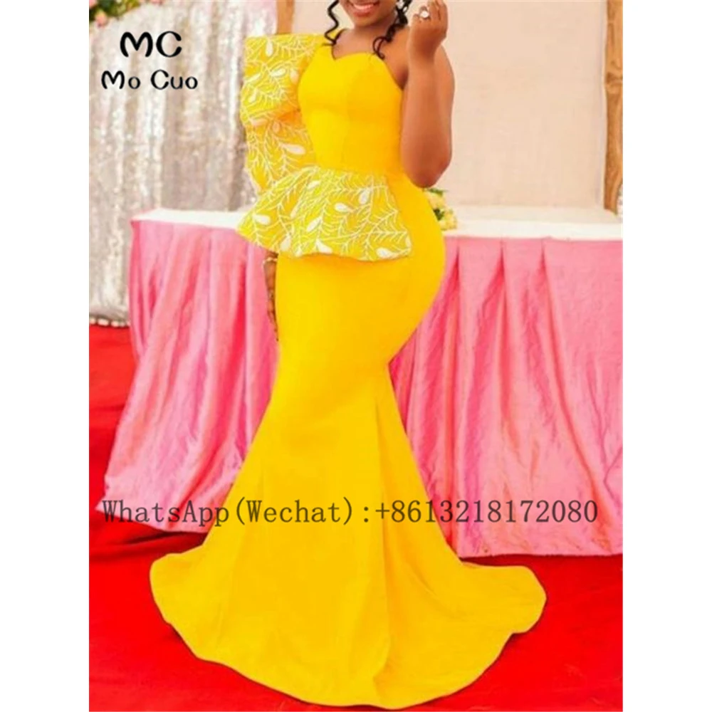 

2021 Yellow Plus Size Mermaid Prom Dresses with Lace Appliques Elastic Satin One Shoulder Black Women's Evening Prom Gown