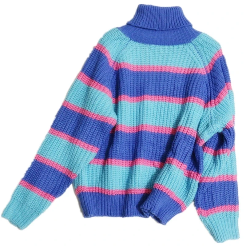 Autumn and winter women's LAZY letters embroidered color striped high collar loose sweater women | Женская одежда