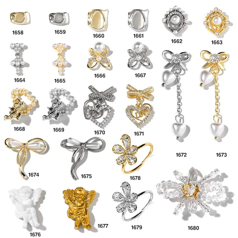 

2Pcs Nail Decoration Pendant Chain 3D Baroque Angel Gold White Pearl frame Nail Art Zircon Metal Manicure nail rhinestones