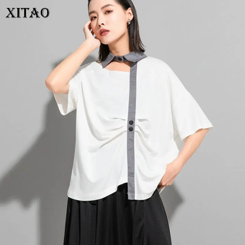 

XITAO Patchwork Wrinkle Hit Color T Shirt Women 2021 Summer Casual Fashion New Temperament All Match Women Clothes WMD2165