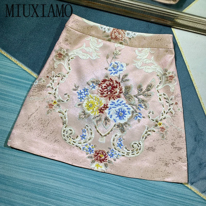 

MIUXIMAO Luxurious 2020 Fall skirt Party skirt Flower Diamonds Mini Tank Office Lady slim Pink Casual skirt Women Vestidos