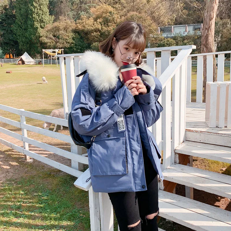 2020 New Fashion Cotton Wadded Womens Coat With Fur Hood Thicken Warm Winter Coat Women Blue Short Puffer Jacket Female Clothes