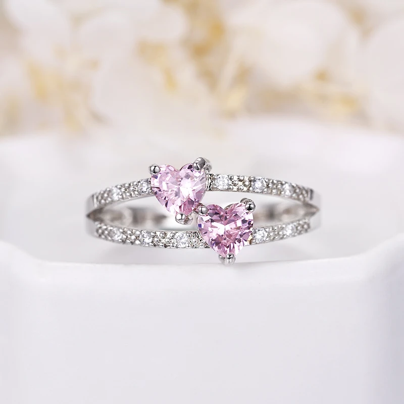 ANGELFRIGG два сердца серебряного цвета кольца с розовым CZ камнем для женщин Love You обручальное Обручальное модное ювелирное изделие подарок