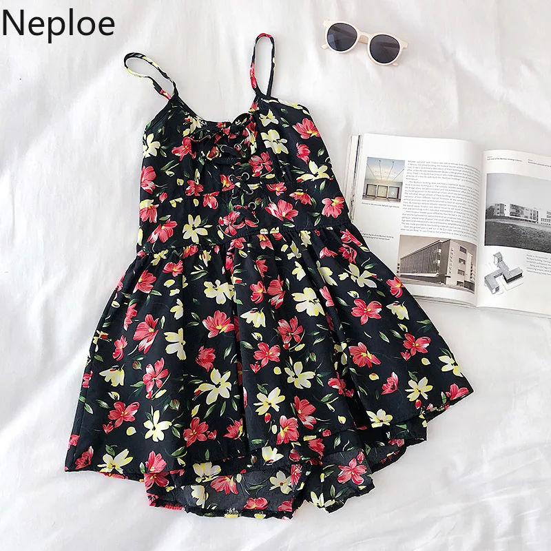 Neploe Flower Print Jumpsuits Women Fashion V Neck Sleeveless Ladies Playsuits Elegant Lace Up Slim Waist Beach Bodysuit 1A1096 | Женская