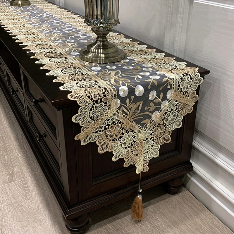 

New European Pastoral Style Mesh Embroidery Water Soluble Coffee Table Runner Flag Mat Placemat Christmas Wedding Decoration