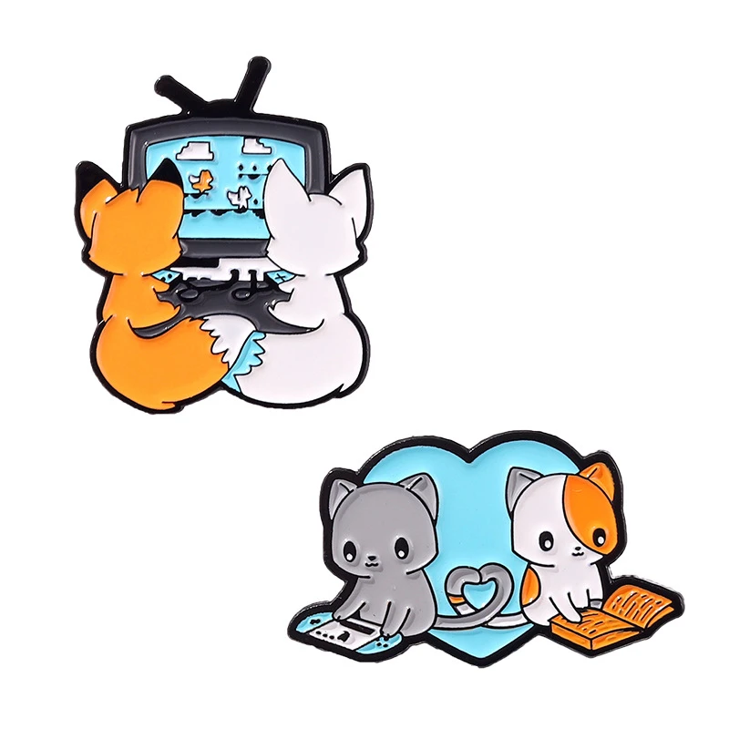 

Cartoon Cute Two Foxes And Cats Who Are Playing Games Reading Books Brooch Cartoon Fox Style Brooch Lapel Pin Jewelry