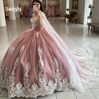 elegant dusty pink quinceanera dresses with caped 2022 ball gown sweet 16 dress white lace appliques prom party robes de mariage
