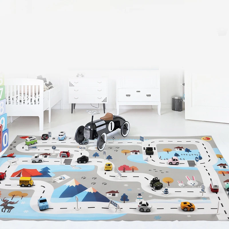 

Toy Car Mat Map Children's Play Area Rug Pad Urban Road Map Game Collapsible Building Parking Lot 130X100CM