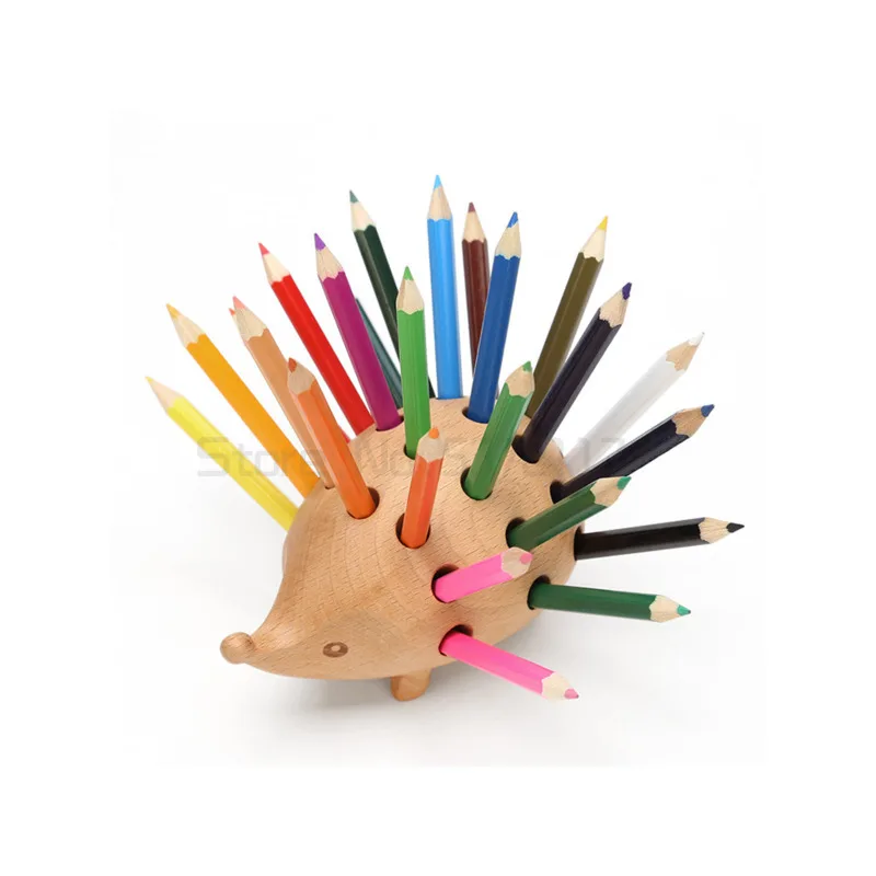 

Hedgehog Shape Wood Pen Holder Creative Lovely Stationery Decoration Function Office Storage Supplies with 24colors pencil
