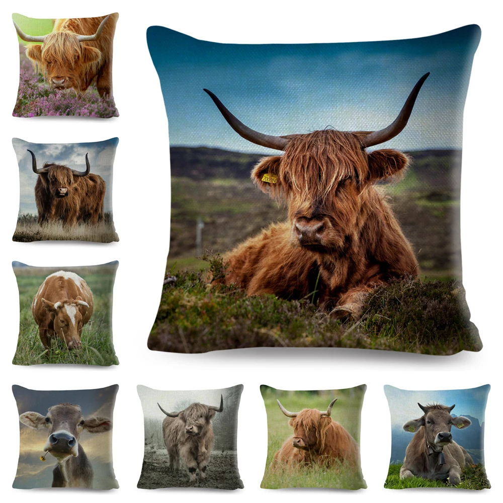Scotland Kyloe Cushion Cover Decor Wild Cow Colorful Animal Print Pillowcase Polyester Pillow Case for Sofa Home Car 45x45cm