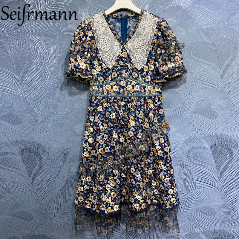 

Seifrmann New 2021 Summer Women Fashion Runway Party Midi Dress Lantern Sleeve Lace High Waist Ruffles Floral Printed Dresses