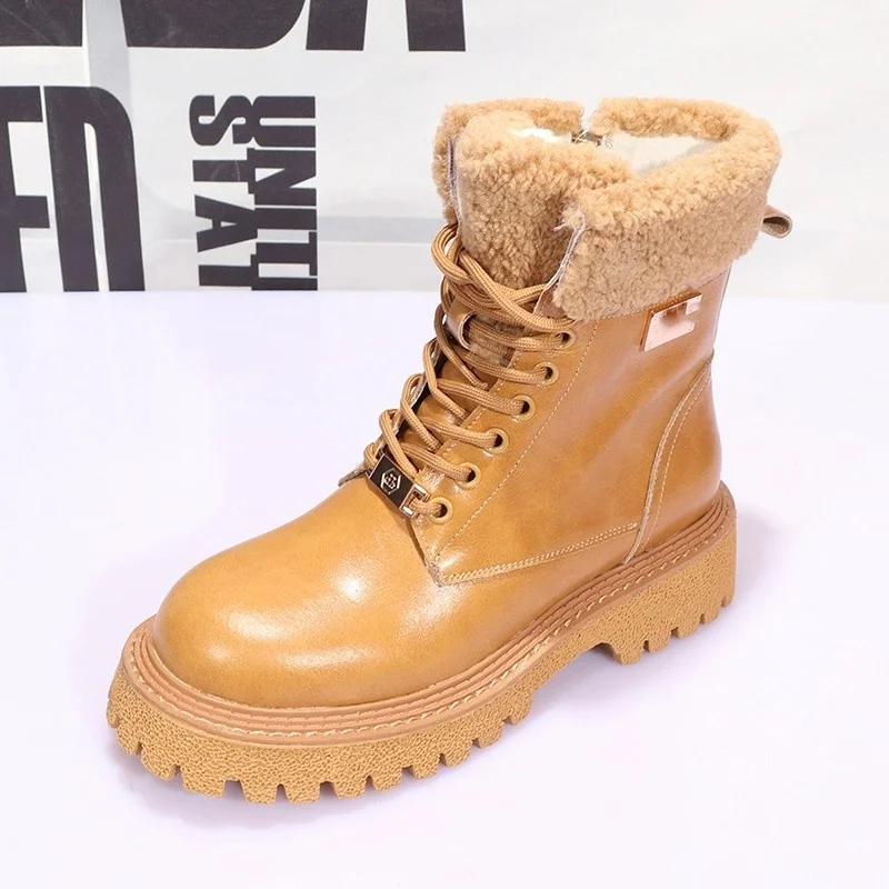 

Winter Warm Women's Martin Boots 2021 New Thick Plush Women's Thick-soled Nude Boots Round Toe Lace-up Combat Boots Casual Shoes